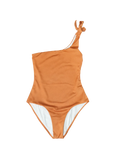Off the shoulder orange swimsuit on a white background