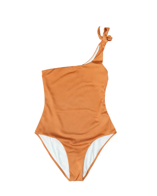 Off the shoulder orange swimsuit on a white background