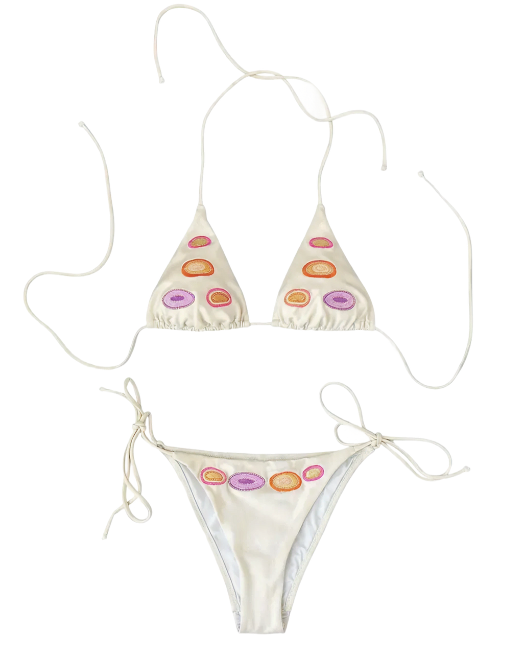 An off-white string bikini set with colorful dots motif embroidery on the front of the triangle top and the waistband of the tie-side bottoms, displayed on a solid white background.