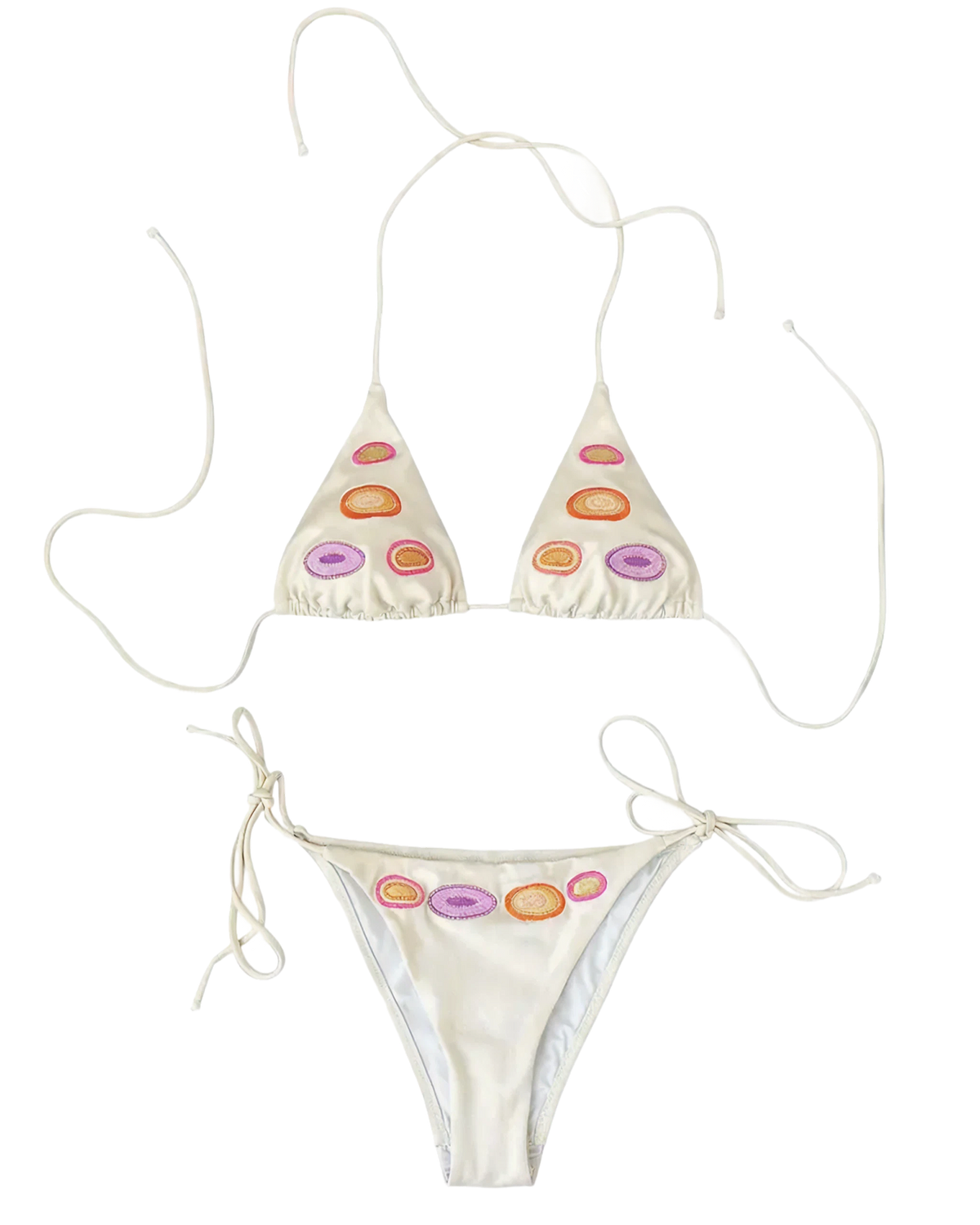 An off-white string bikini set with colorful dots motif embroidery on the front of the triangle top and the waistband of the tie-side bottoms, displayed on a solid white background.