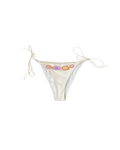 White bikini bottom with colorful embroided dots (purple and orange) designs on a white background
