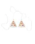 White bikini top with colorful circular embroided patterns on a white background