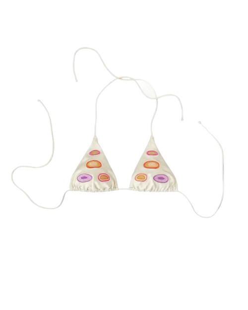 White bikini top with colorful circular embroided patterns on a white background