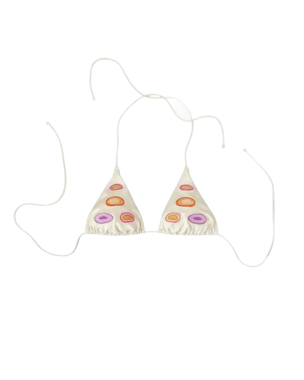 White bikini top with colourful embroidered dots on a white background