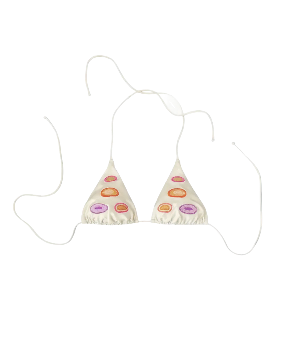 White bikini top with colourful embroidered dots on a white background