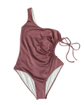 One-shoulder swimsuit with a tie detail on a white background