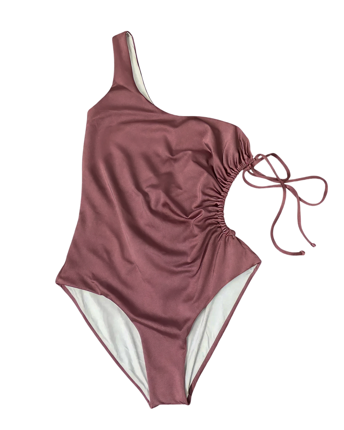 One-shoulder swimsuit with a tie detail on a white background
