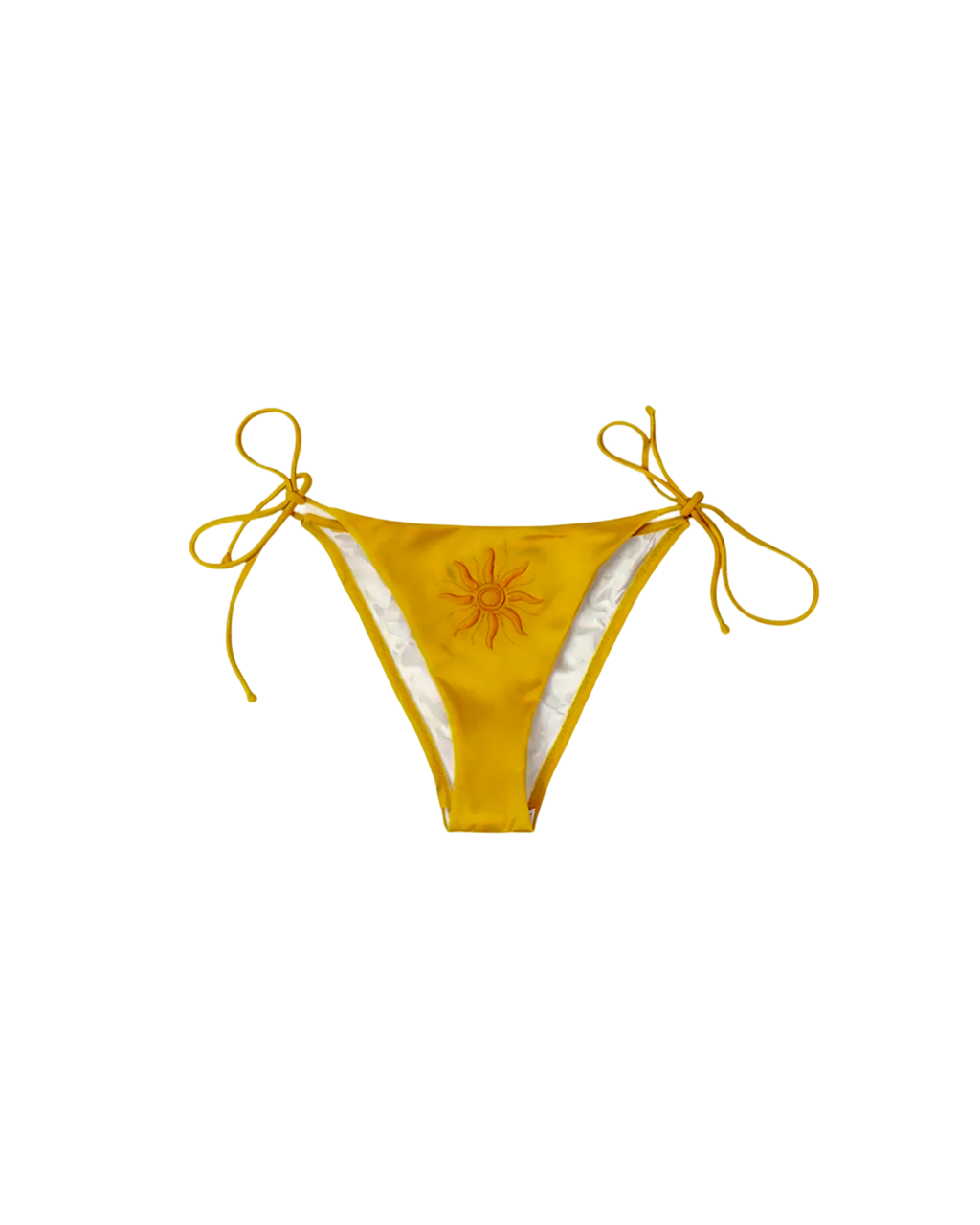 Orange bikini bottom with embroidered orange sun on a white background