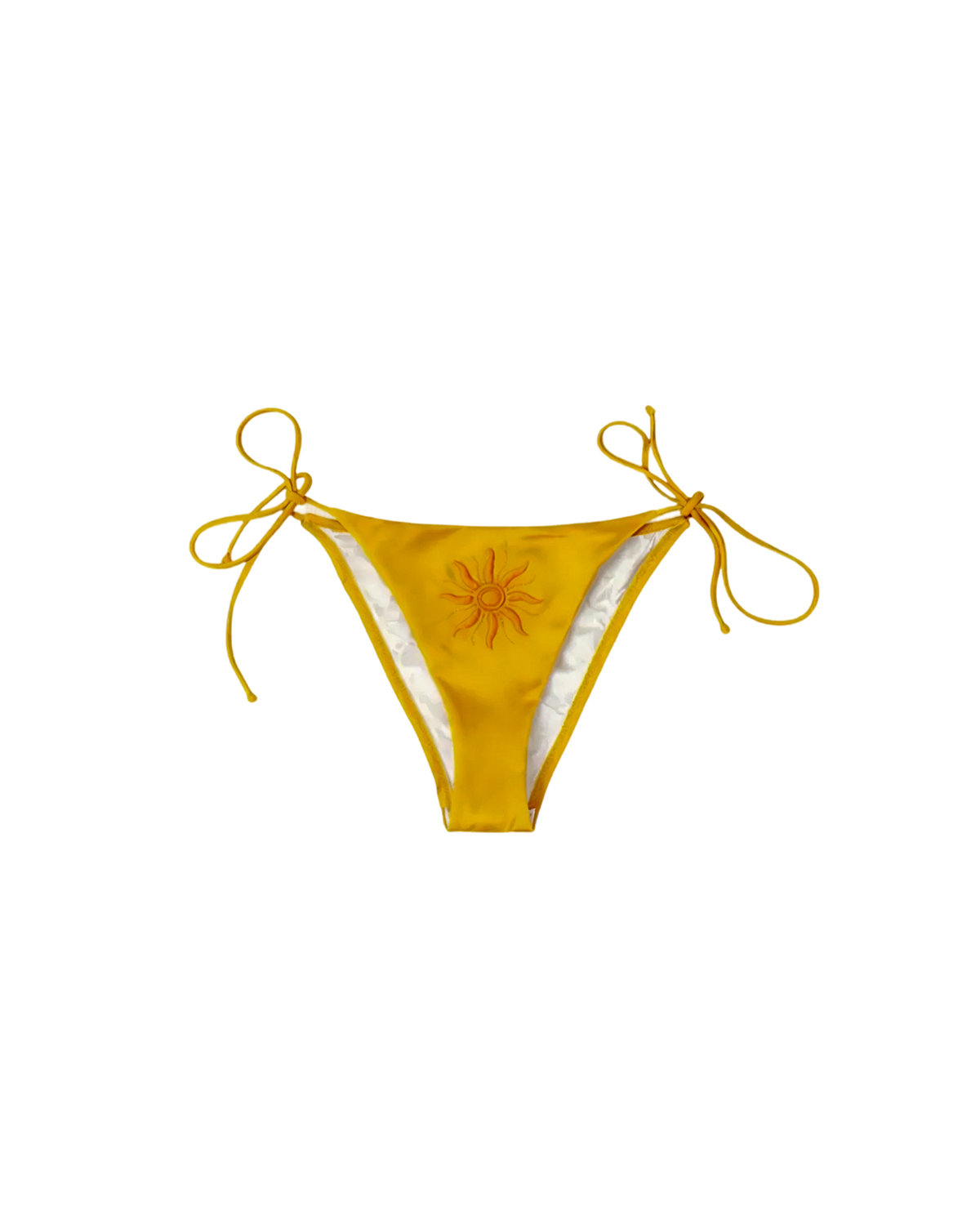 Orange bikini bottom with embroidered orange sun on a white background