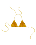 Yellow bikini top with embroided orange sun on a white background