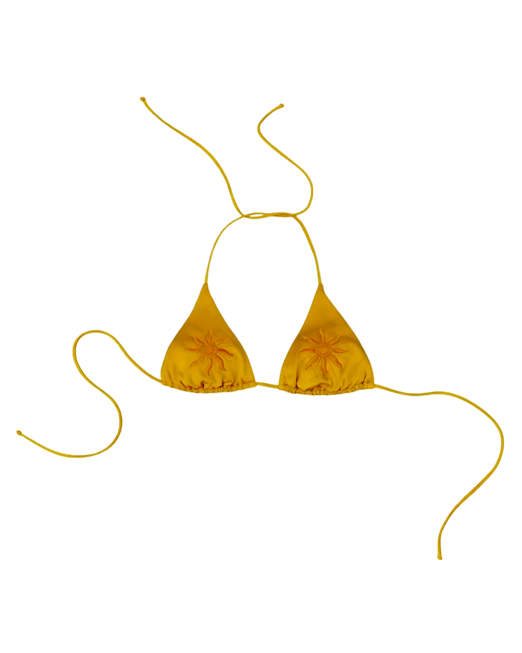 Yellow bikini top with embroidered orange sun on a white background