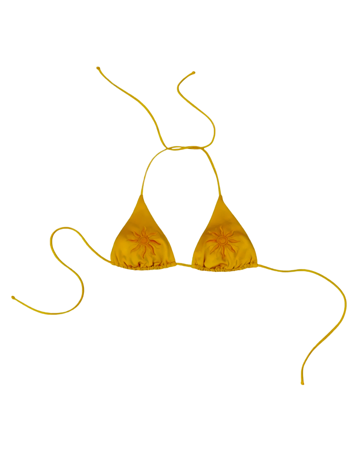 Yellow bikini top with embroidered orange sun on a white background