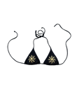 A black triangle bikini top with gold sun embroidery on each cup, displayed against a solid white background.