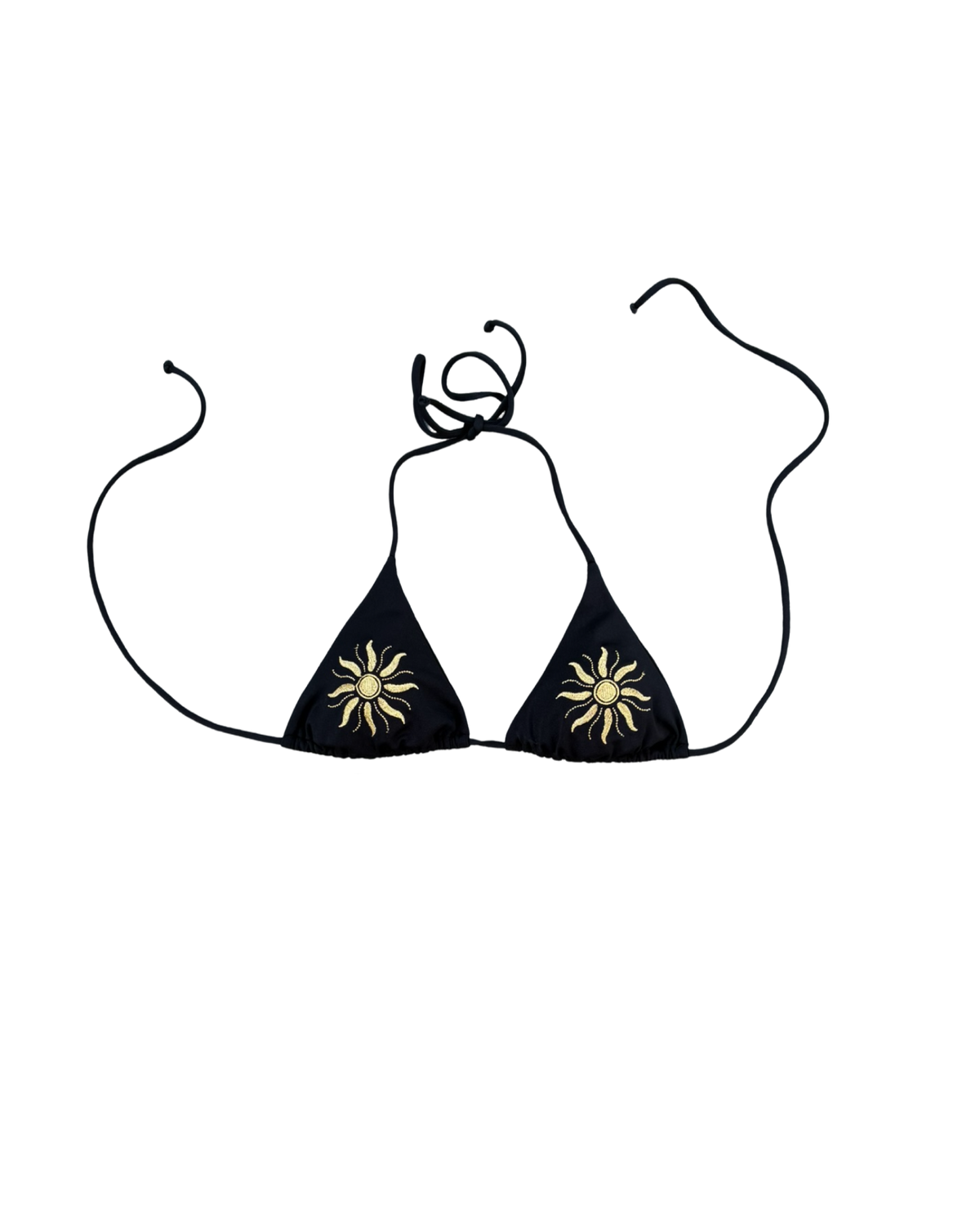 A black triangle bikini top with gold sun embroidery on each cup, displayed against a solid white background.