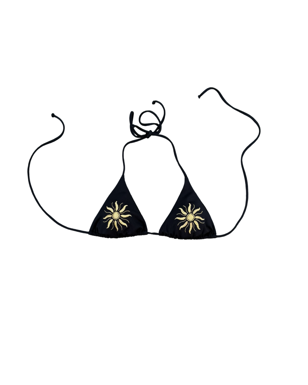Black triangle bikini top with gold sun embroidery on a white background