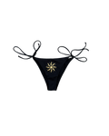 Black string bikini bottom with a gold sun embroidery on the front, displayed against a solid white background.