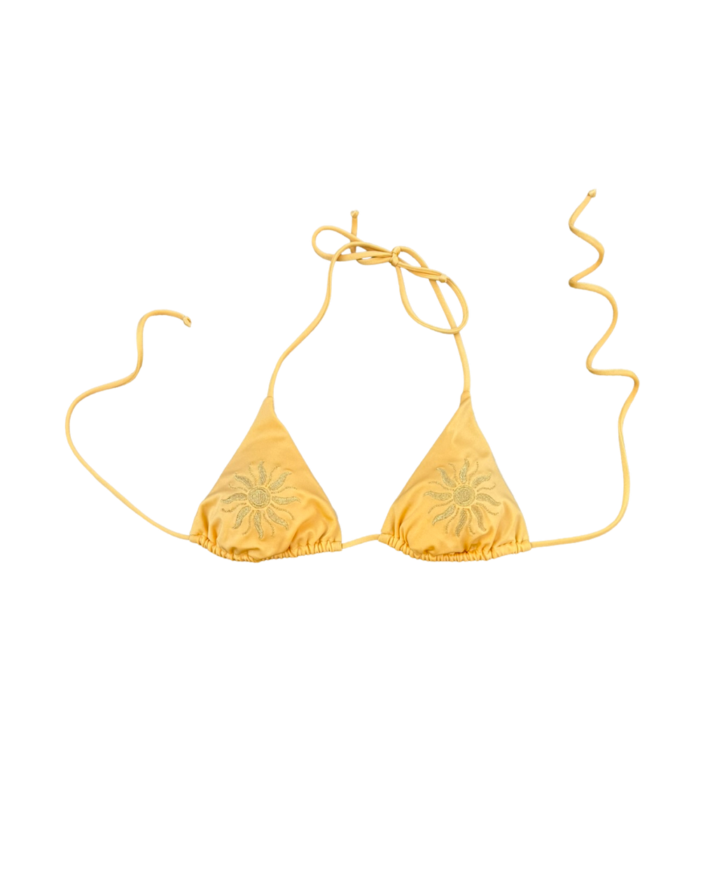 A yellow triangle bikini top with matching tie strings and a sun embroidery on each cup, displayed flat against a white background.