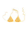 A yellow triangle bikini top with matching tie strings and a sun embroidery on each cup, displayed flat against a white background.