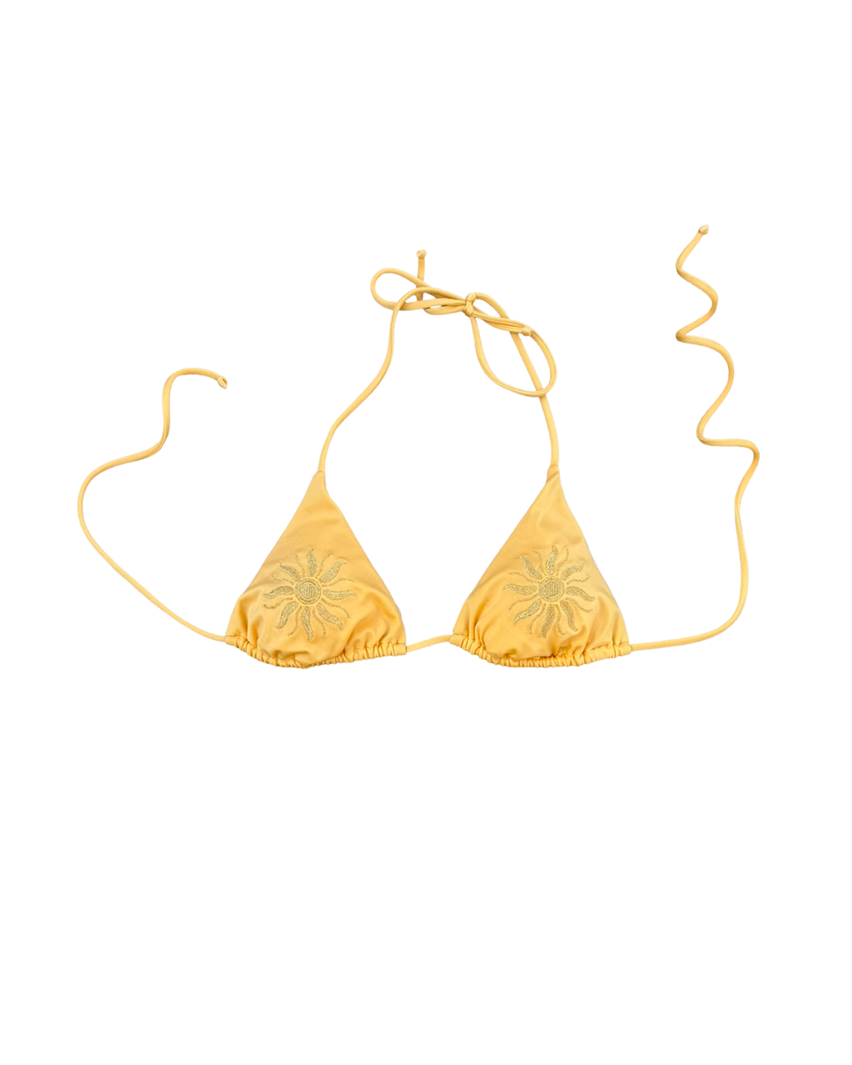 Yellow triangle bikini top with sun embroidery on a white background
