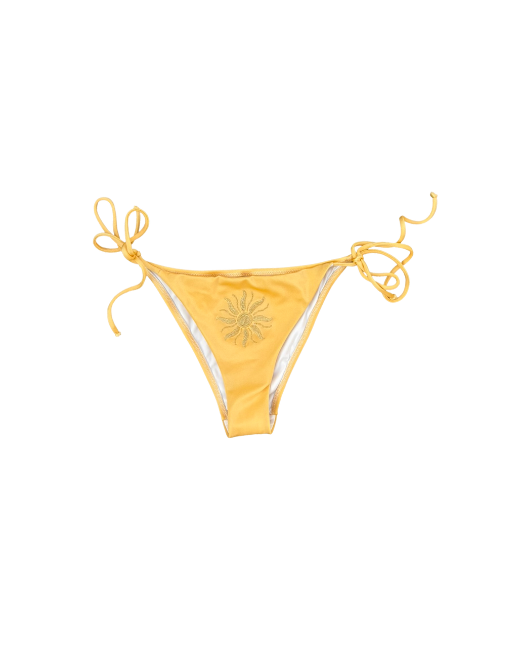 Yellow string bikini bottom with gold sun embroidery on a white background