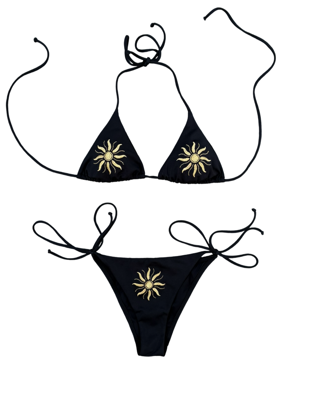 A two-piece string bikini set in black, featuring a triangle top and matching bottom, both decorated with a gold sun embroidery on the front, displayed against a solid white background.