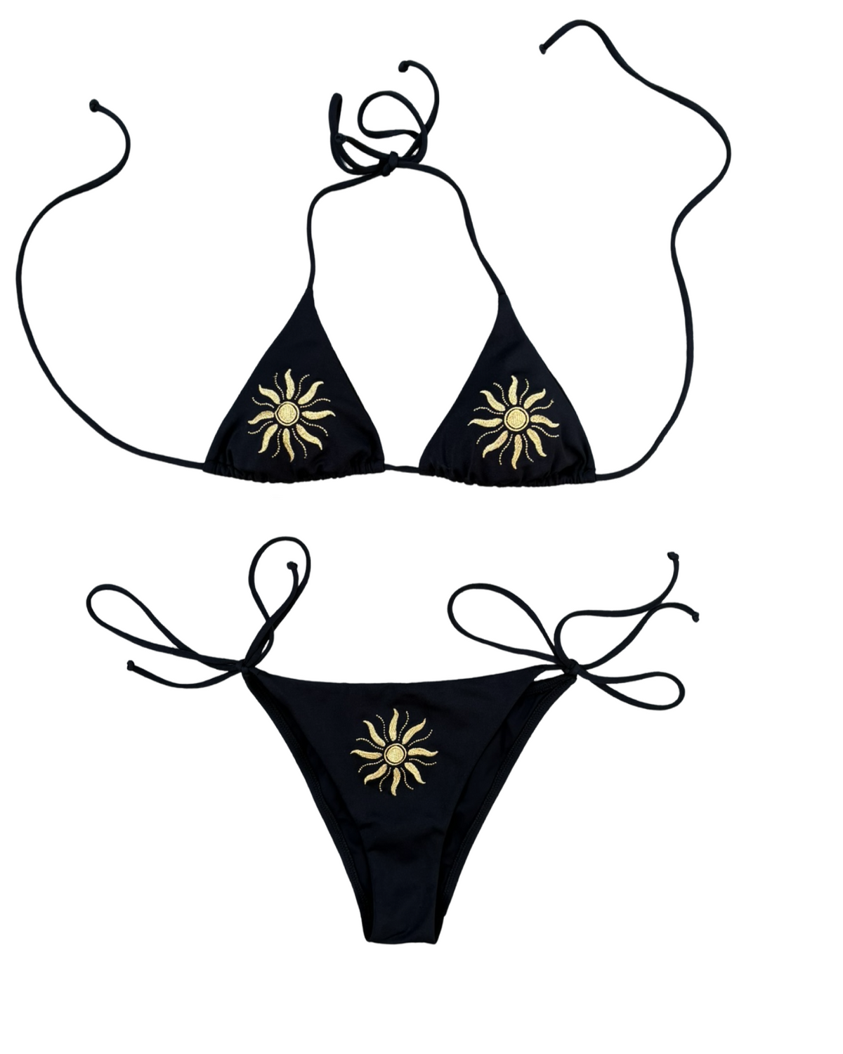A two-piece string bikini set in black, featuring a triangle top and matching bottom, both decorated with a gold sun embroidery on the front, displayed against a solid white background.